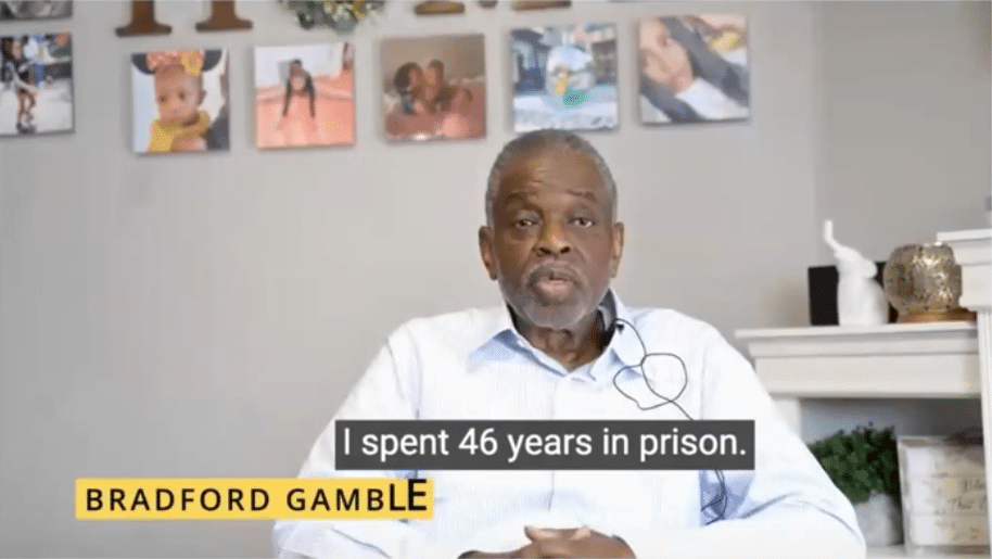 Screenshot of video testimonial from Bradford Gamble, who spent 46 years in prison before ALC helped him win compassionate release