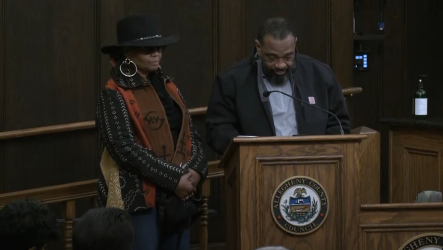 Carol and James Haddock give public comment at the February 2025 Allegheny County Jail Oversight Board meeting about their son Kurtis